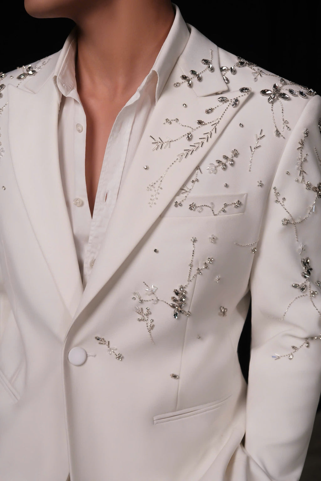 White Hand-Beaded Embellished Wedding Blazer for Men