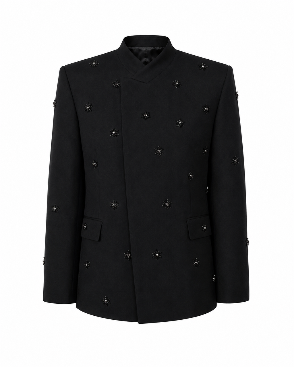 Black Embellished Mandarin Collar Blazer
