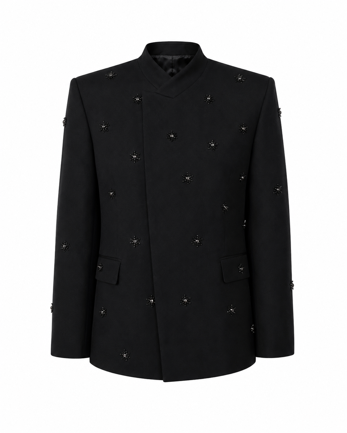 Black Embellished Mandarin Collar Blazer