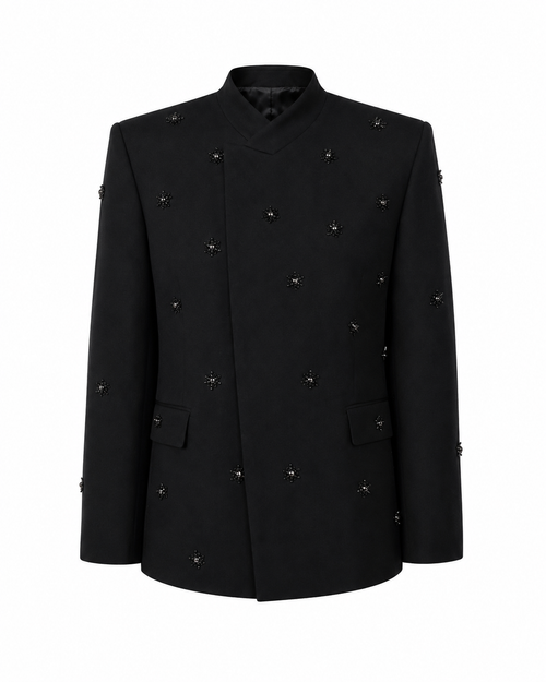Black Embellished Mandarin Collar Blazer