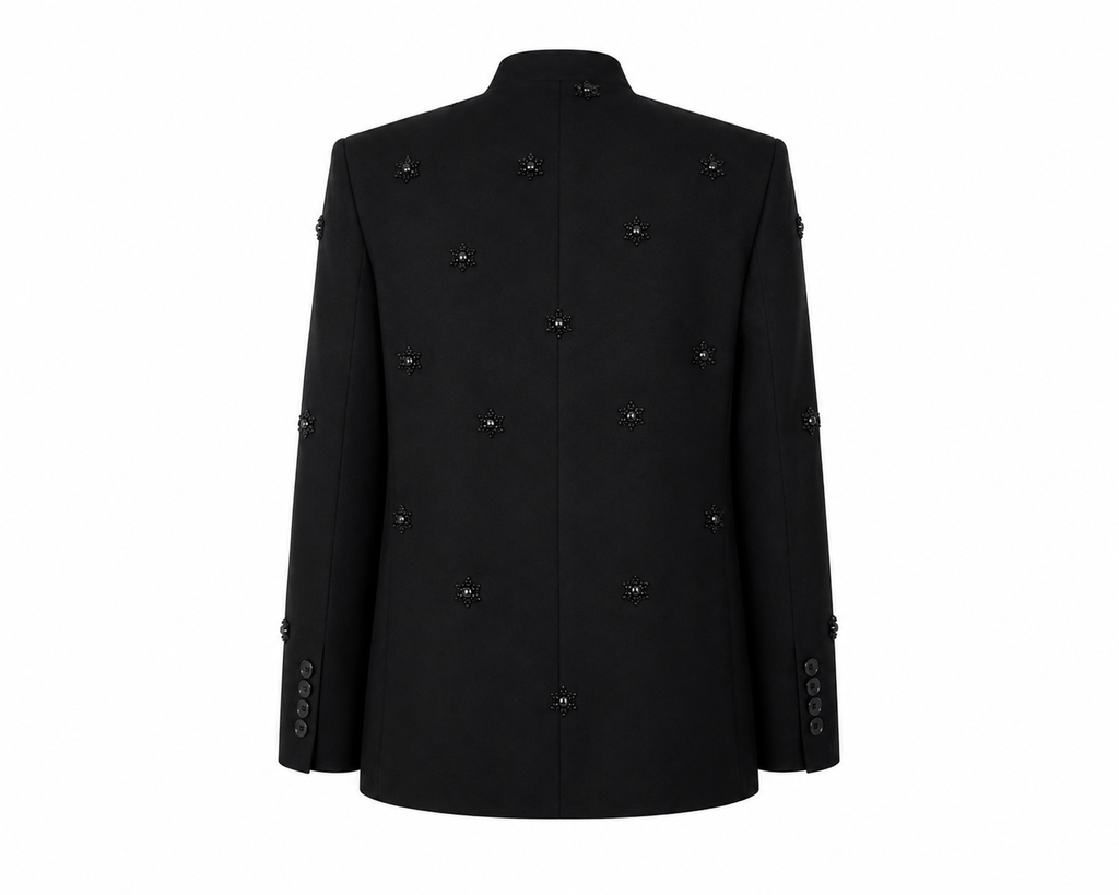 Black Embellished Mandarin Collar Blazer