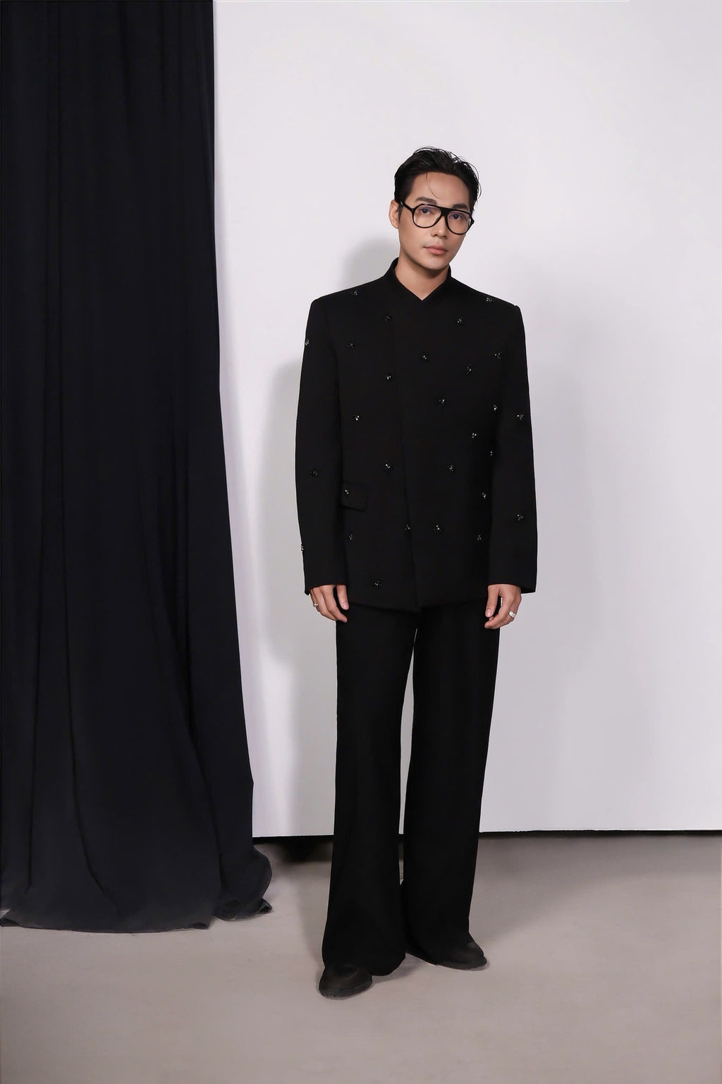 Black Embellished Mandarin Collar Blazer