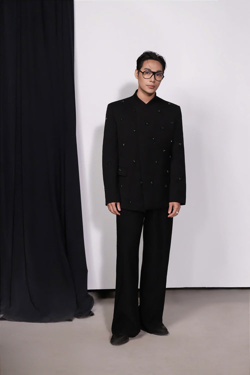Black Embellished Mandarin Collar Blazer