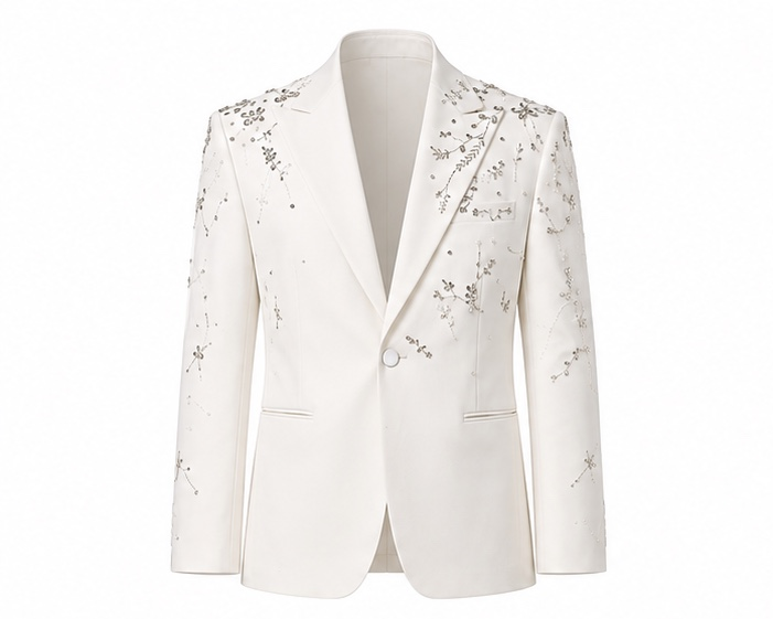 White Hand-Beaded Embellished Wedding Blazer for Men