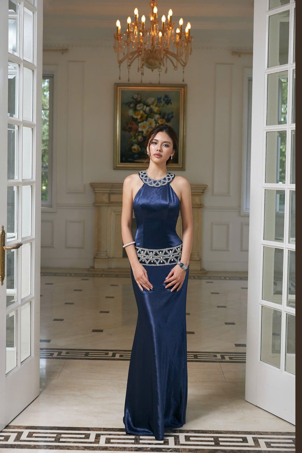 Phoebe Midnight Sapphire Satin Gown