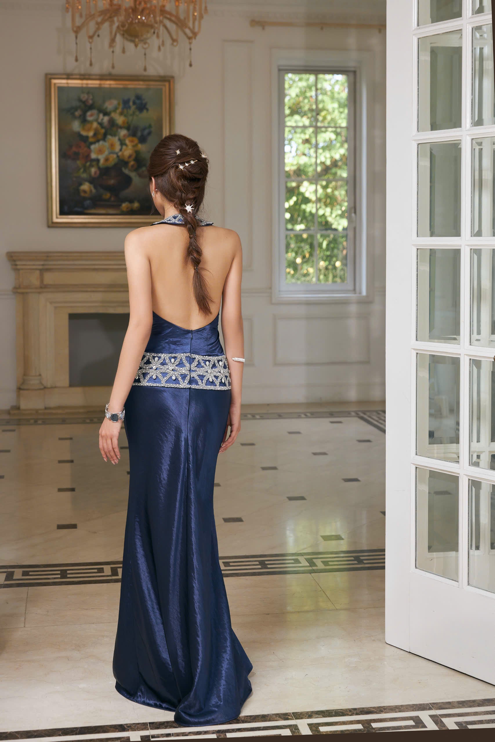 Phoebe Midnight Sapphire Satin Gown
